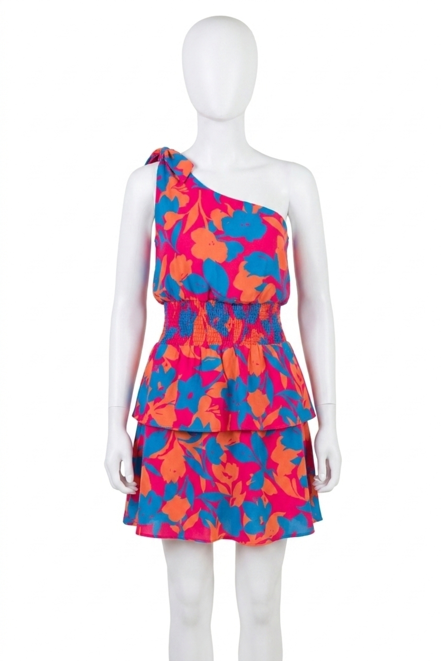 NEW GILLI sleeveless one shoulder smocked floral dress in pink multi